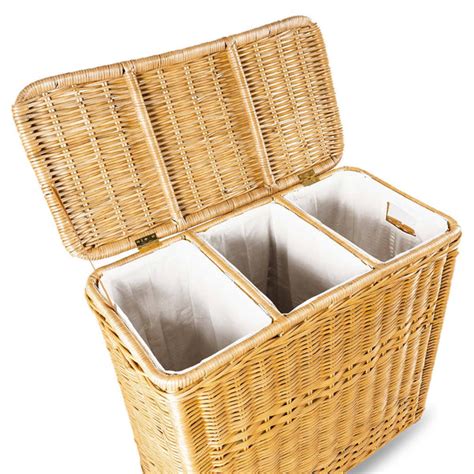 2 part laundry hamper|three compartment wicker hamper.